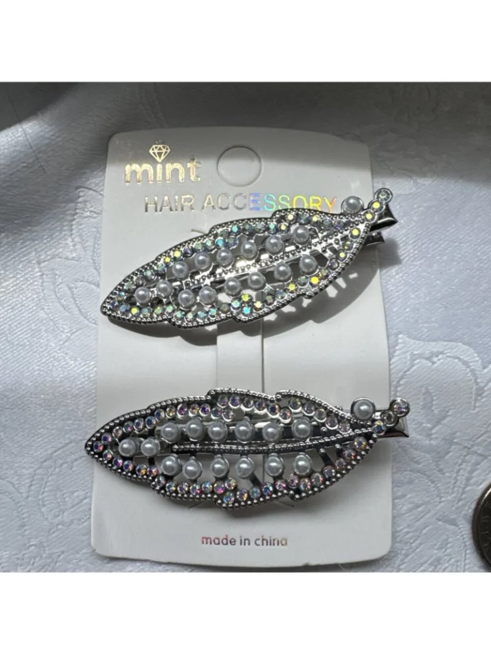 Silver Pearl Hair Clips Clamp Metal Alligator Claw Bling Crystal Rhinestone 2.5
